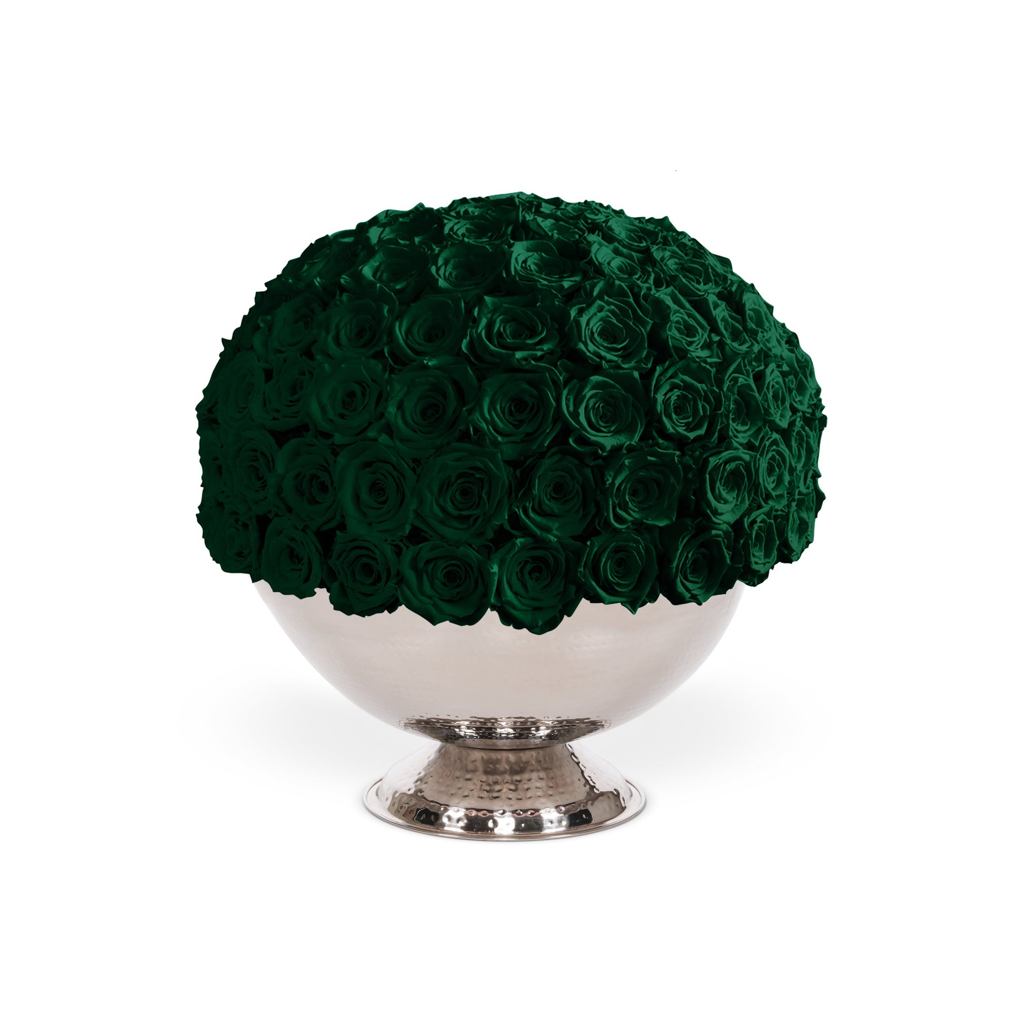 Spherical arrangement of green roses on a white pedestal against a white background