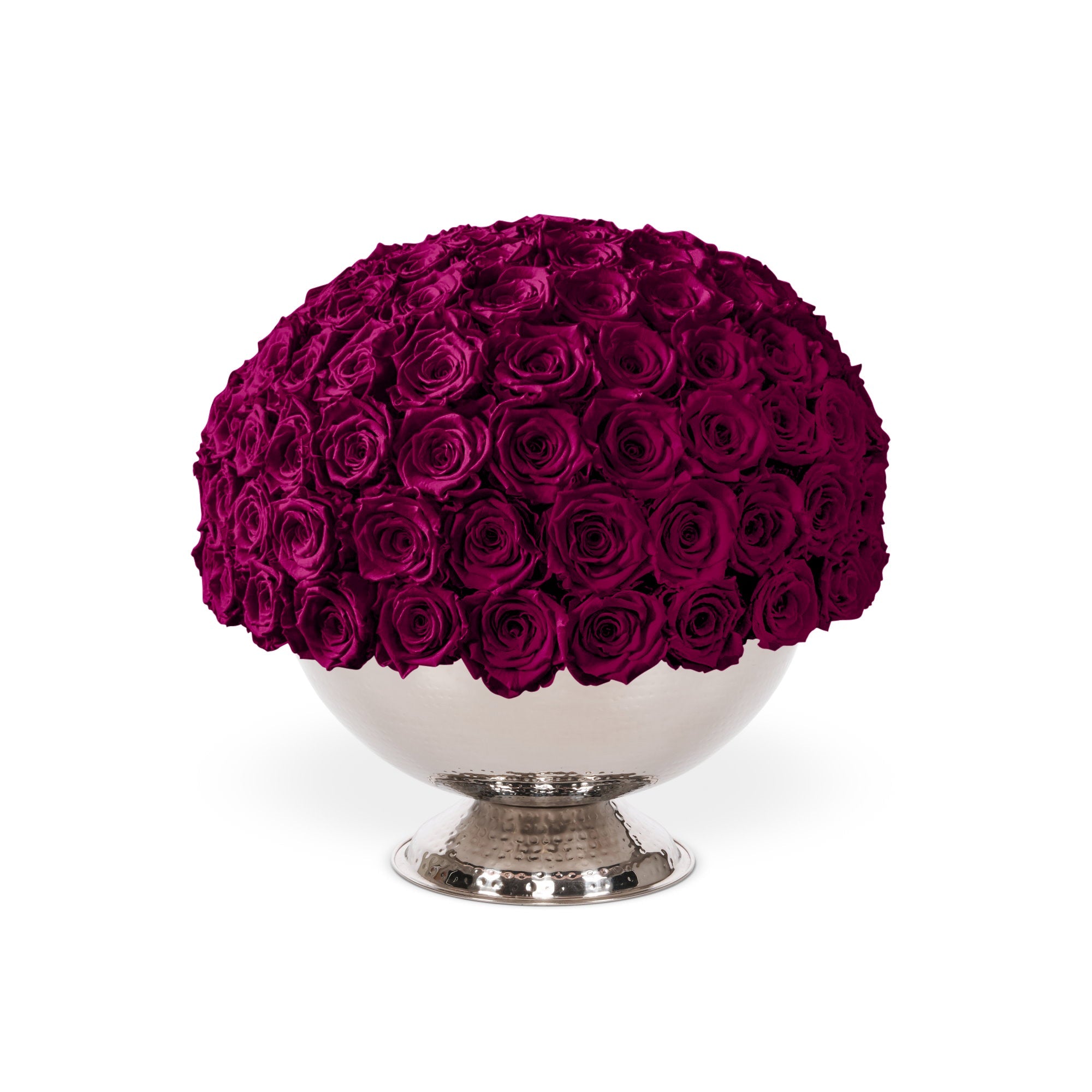 Bouquet of purple roses in a white vase on a white background