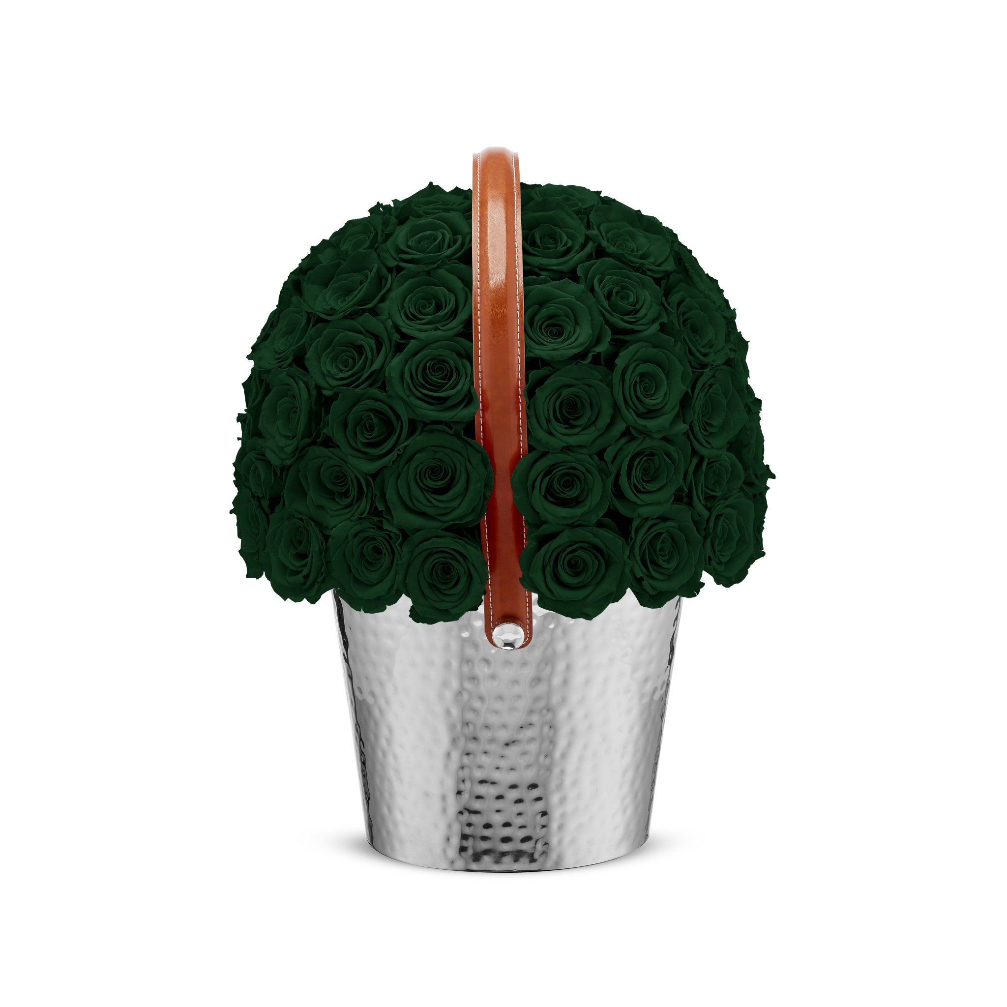 Basket filled with green roses on a white background