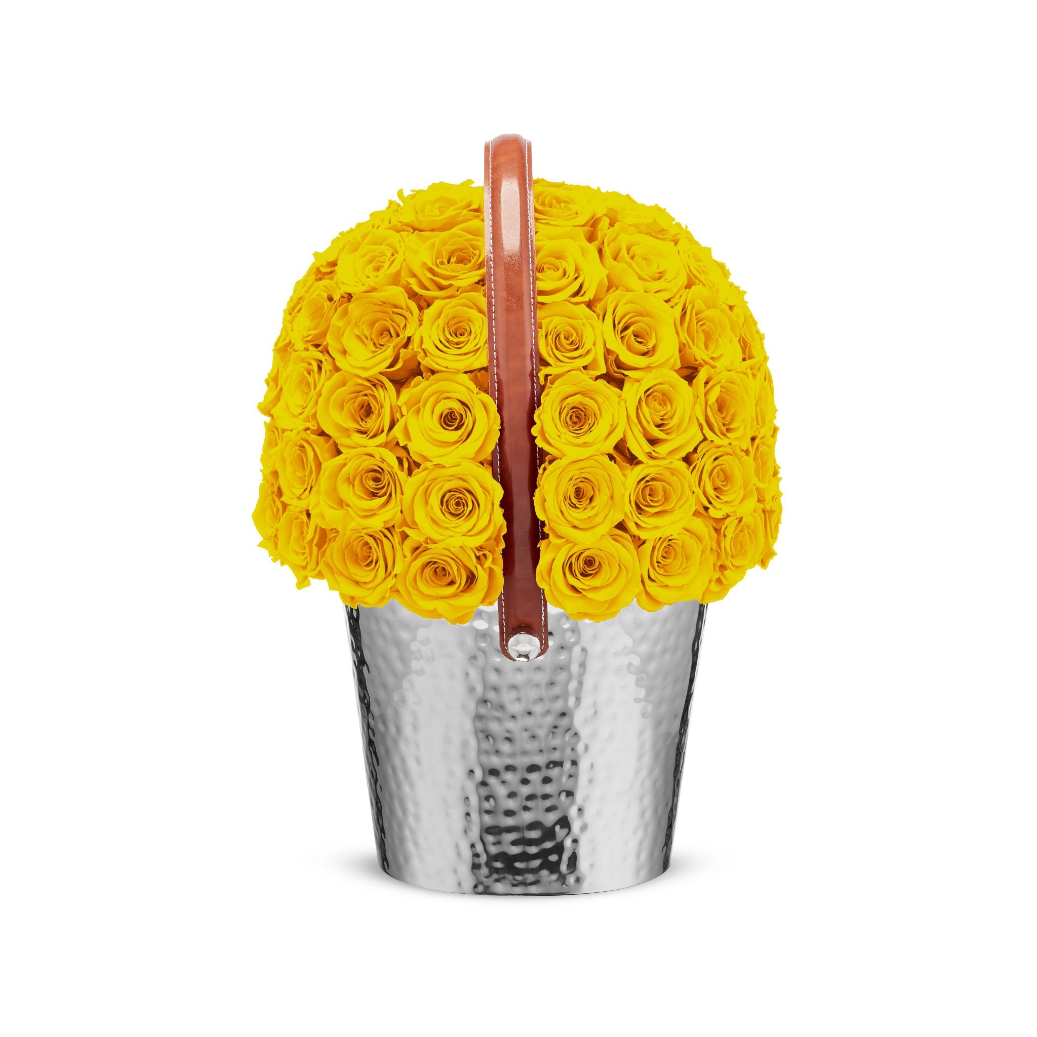 Bouquet of yellow roses in a silver container with a wooden handle on a white background