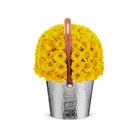 Bouquet of yellow roses in a silver container with a wooden handle on a white background