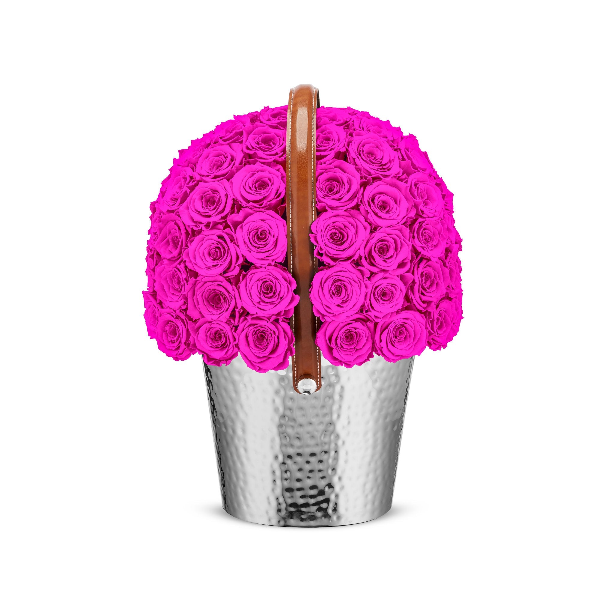 Basket filled with pink roses on a white background