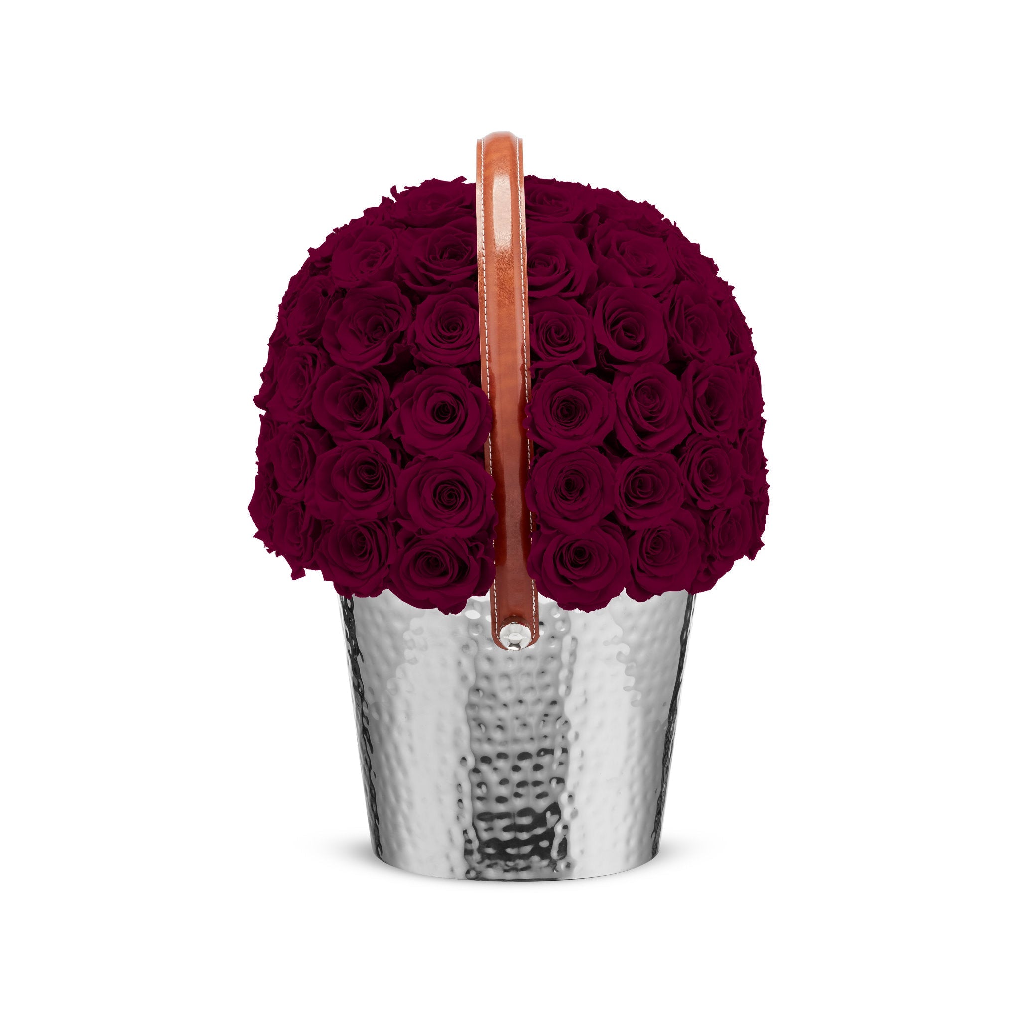 Bouquet of red roses in a silver metal bucket with a handle on a white background