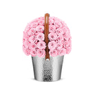 Basket filled with pink roses on a white background