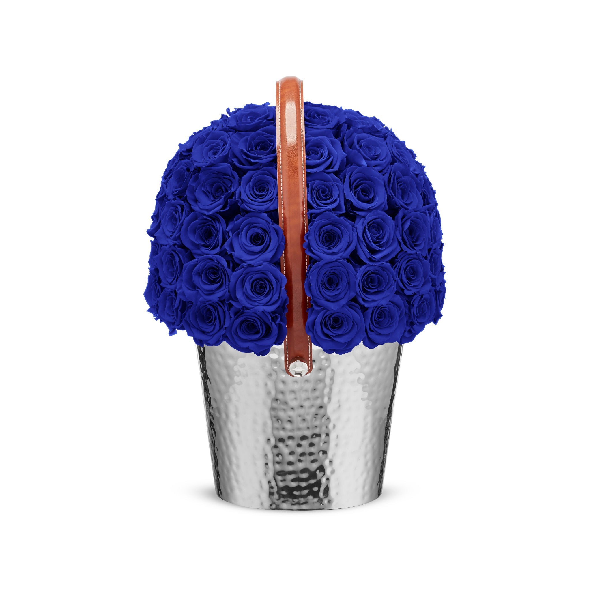 Bouquet of blue roses in a silver metal bucket with a brown handle on a white background