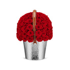 Basket filled with red roses on a white background