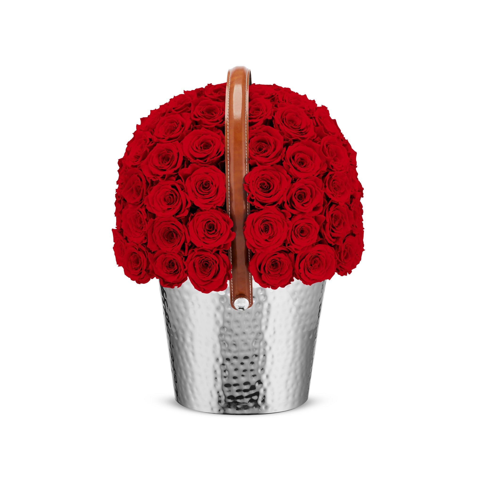 Basket filled with red roses on a white background