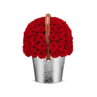 Basket filled with red roses on a white background