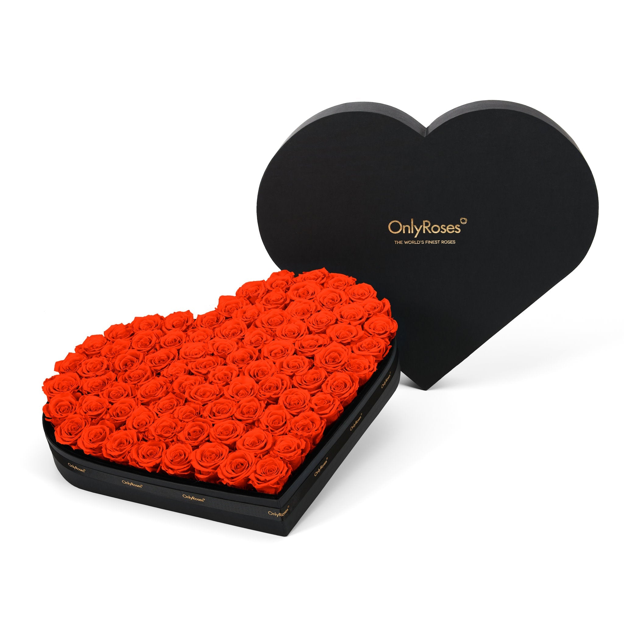 Heart-shaped box of red roses with 'OnlyRoses' branding on a white background
