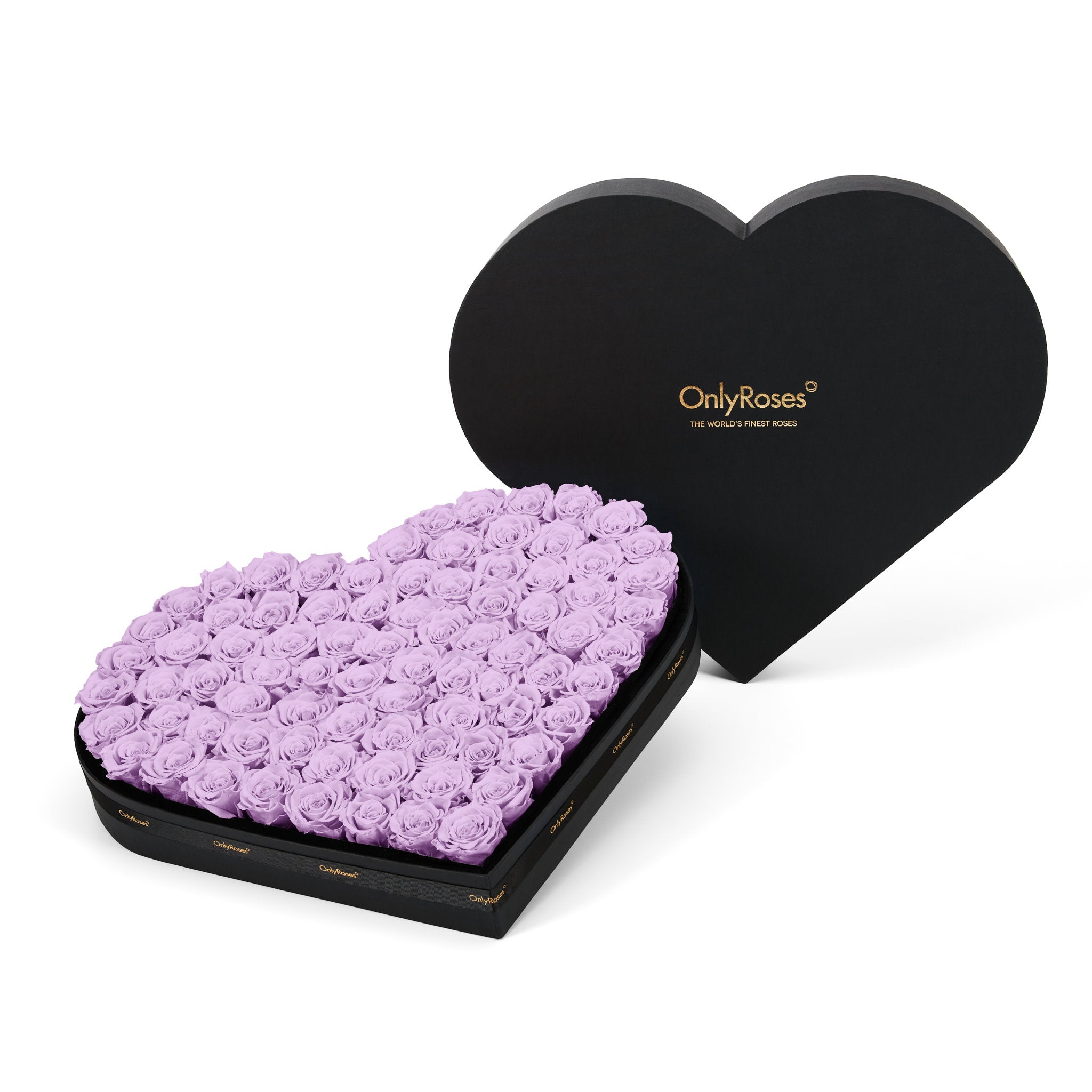 Heart-shaped box of purple roses with 'OnlyRoses' branding on a white background