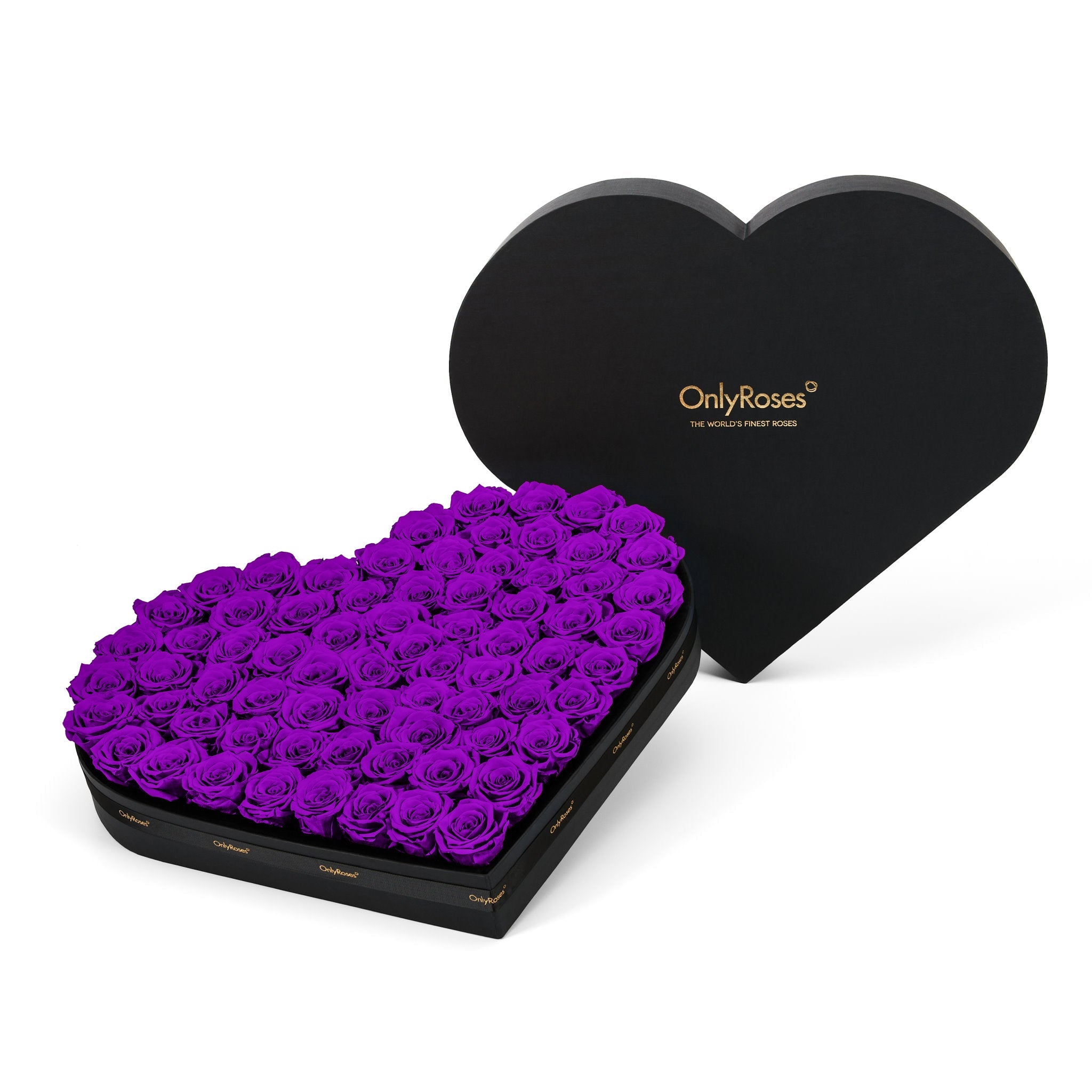 Heart-shaped box of purple roses with 'OnlyRoses' branding on a white background