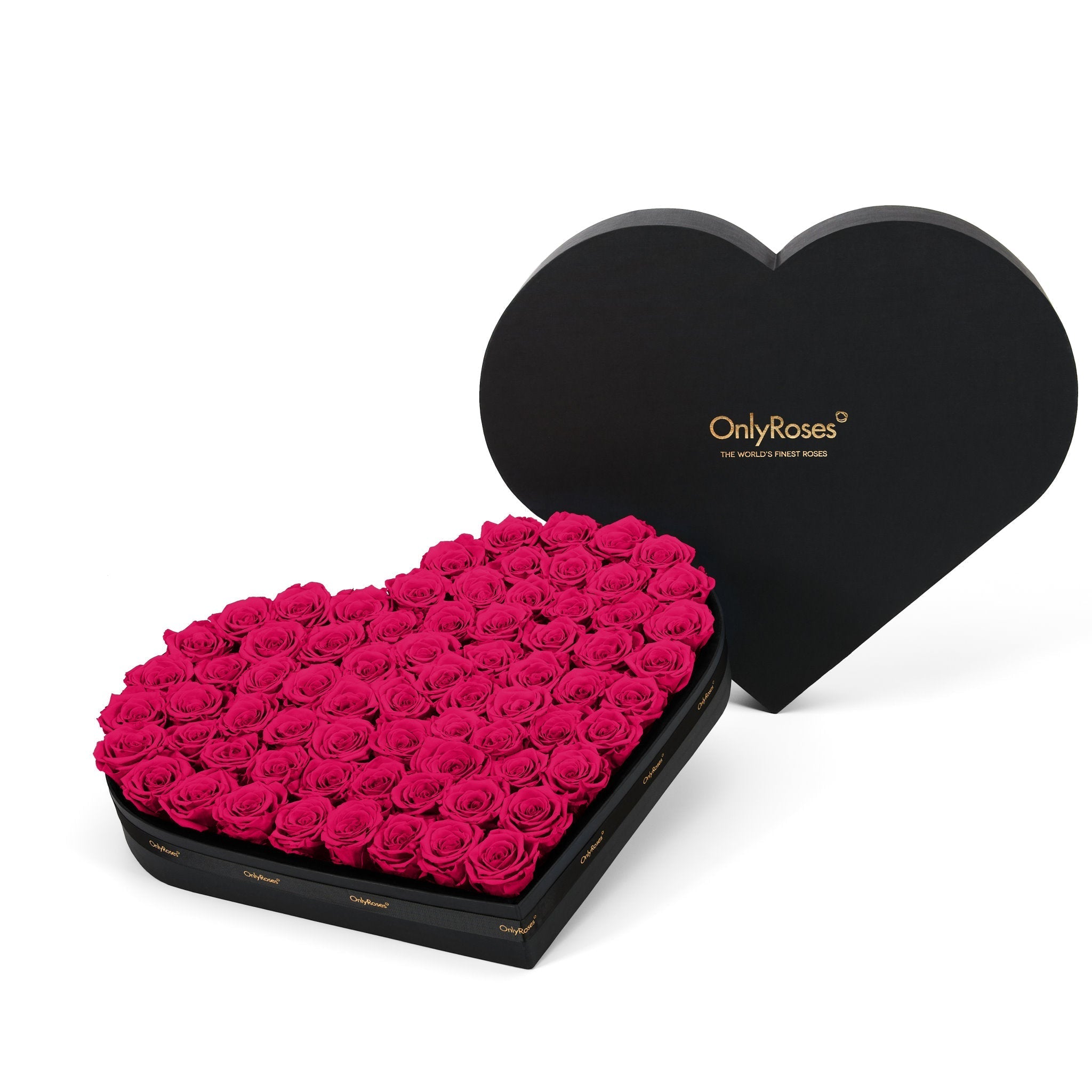 Heart-shaped box of pink roses with 'Only Roses' branding on a white background