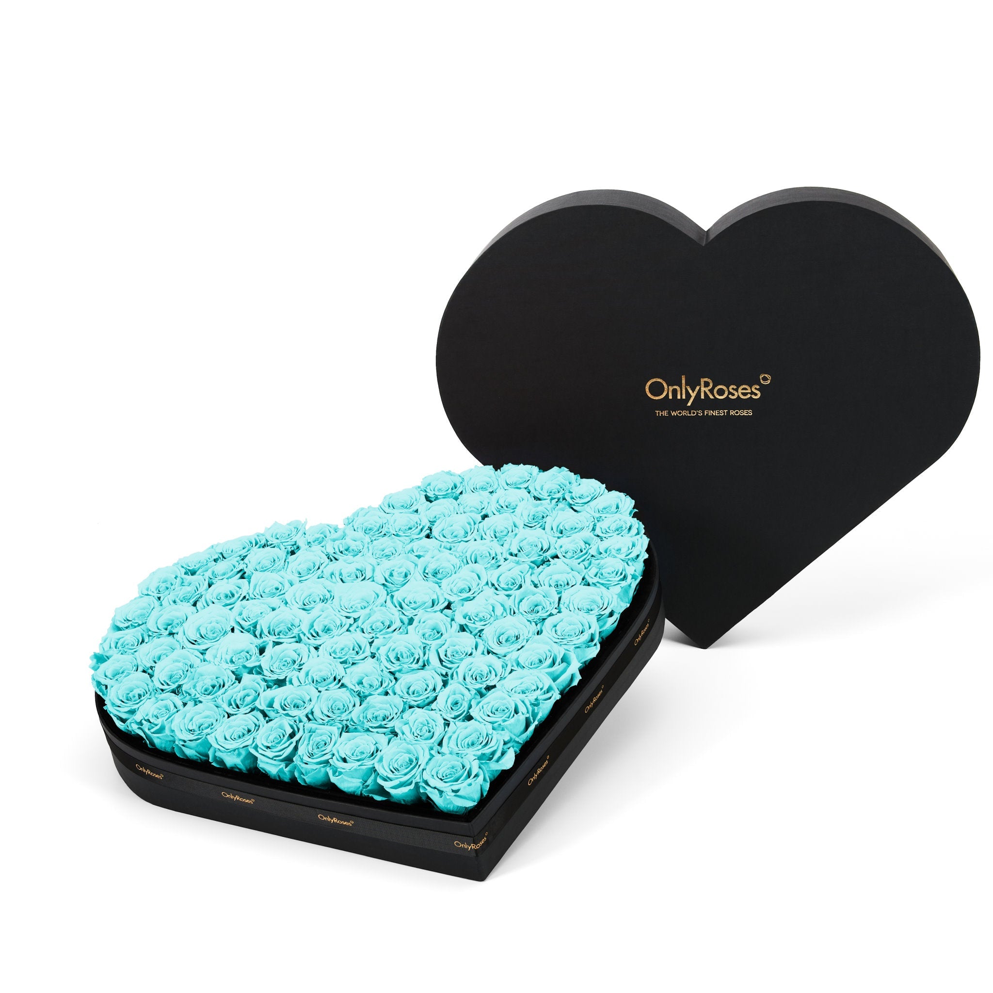 Heart-shaped box with turquoise roses and 'Only Roses' branding on a white background
