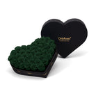 Heart-shaped box of dark green roses with 'OnlyRoses' branding on a white background