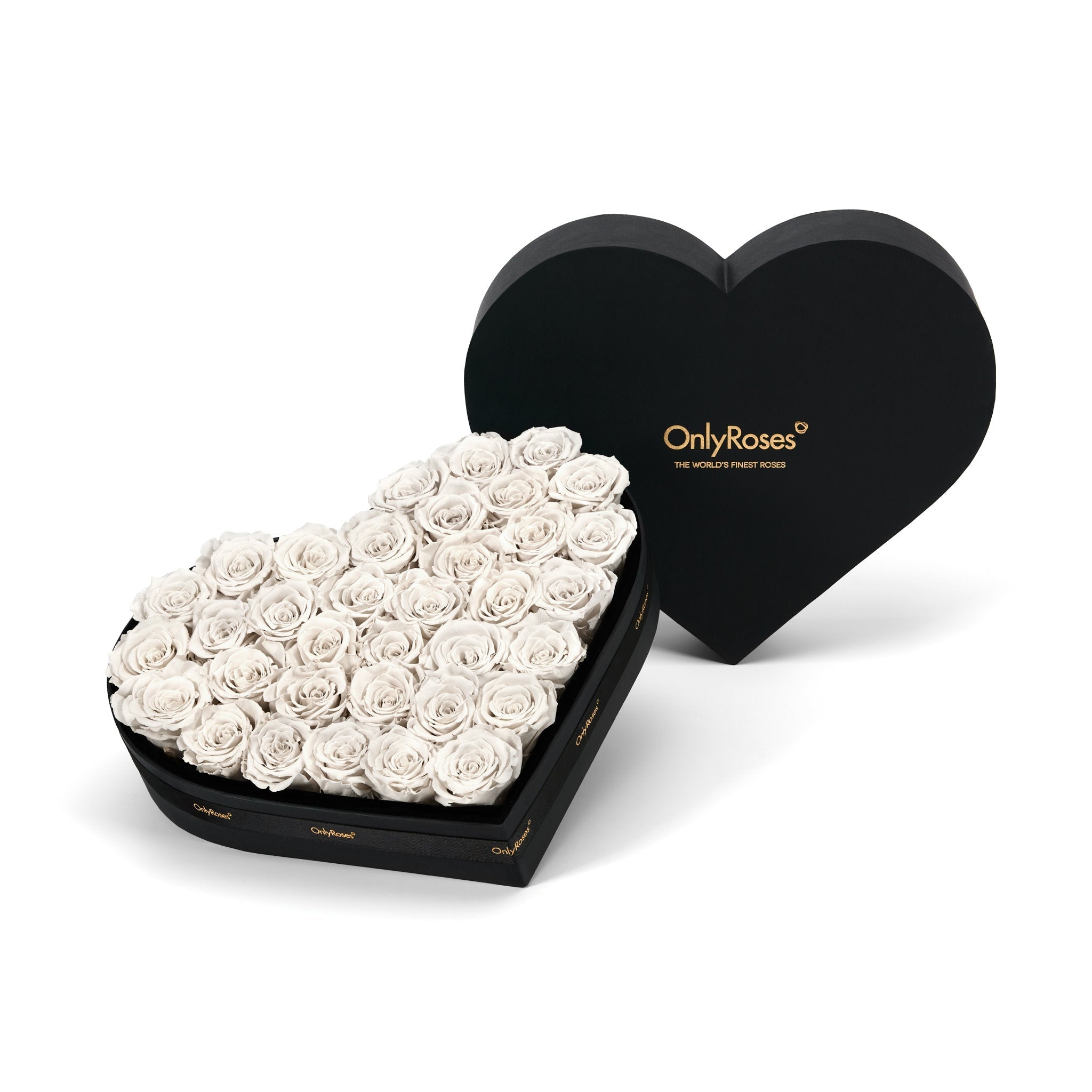 Heart-shaped box of white roses with 'OnlyRoses' branding on a white background