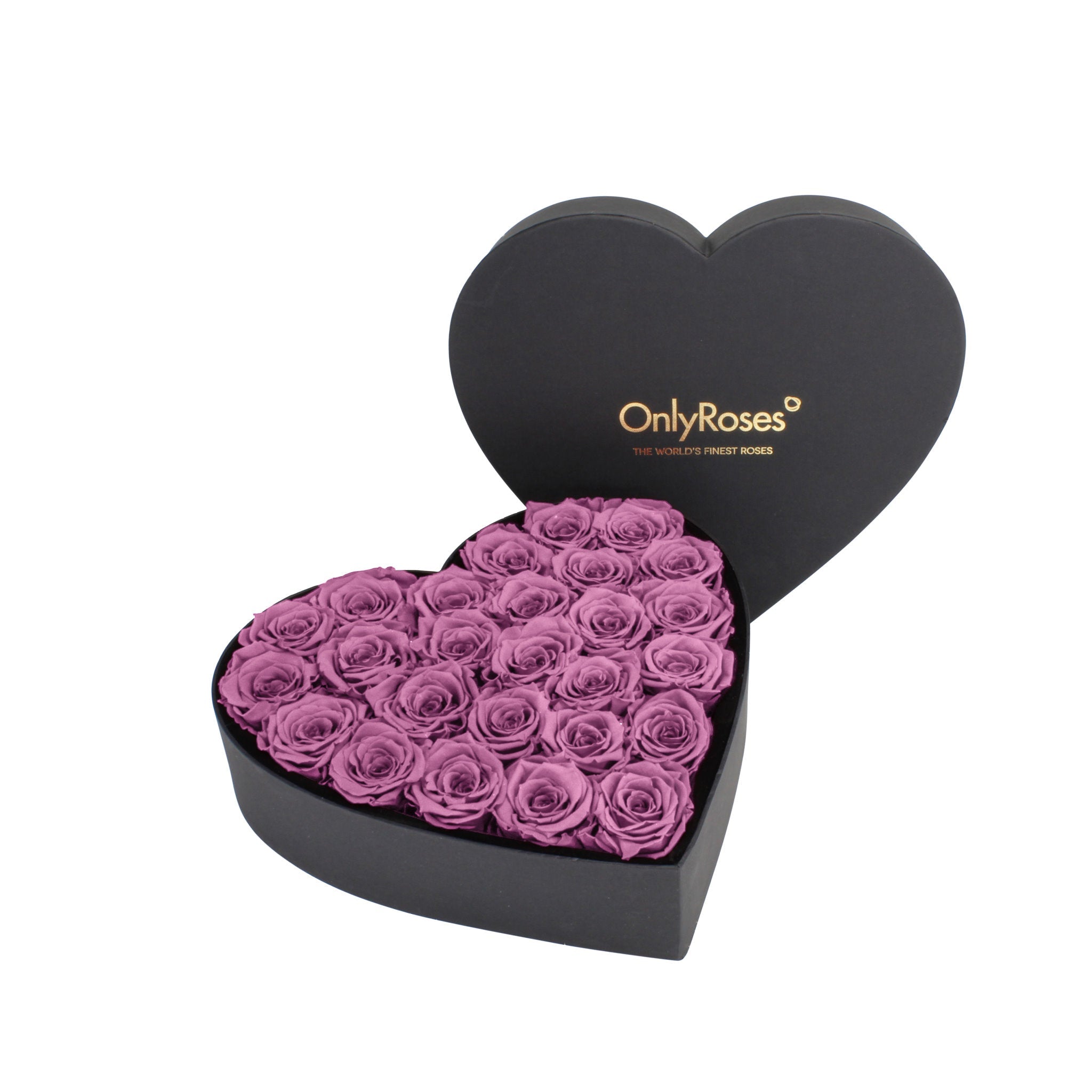 Heart-shaped box of pink roses with 'OnlyRoses' branding on a white background