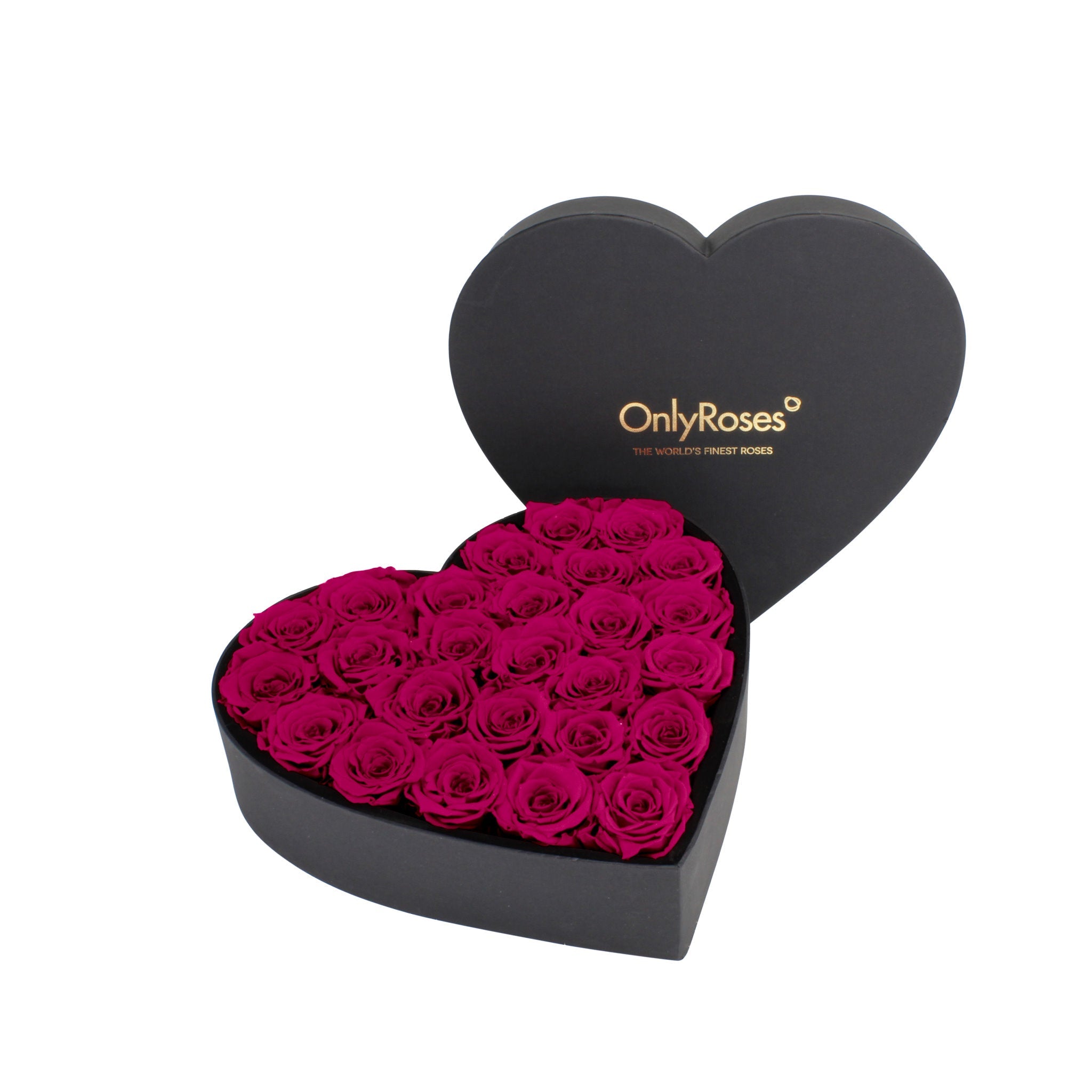 Heart-shaped box of pink roses with 'OnlyRoses' branding on a white background
