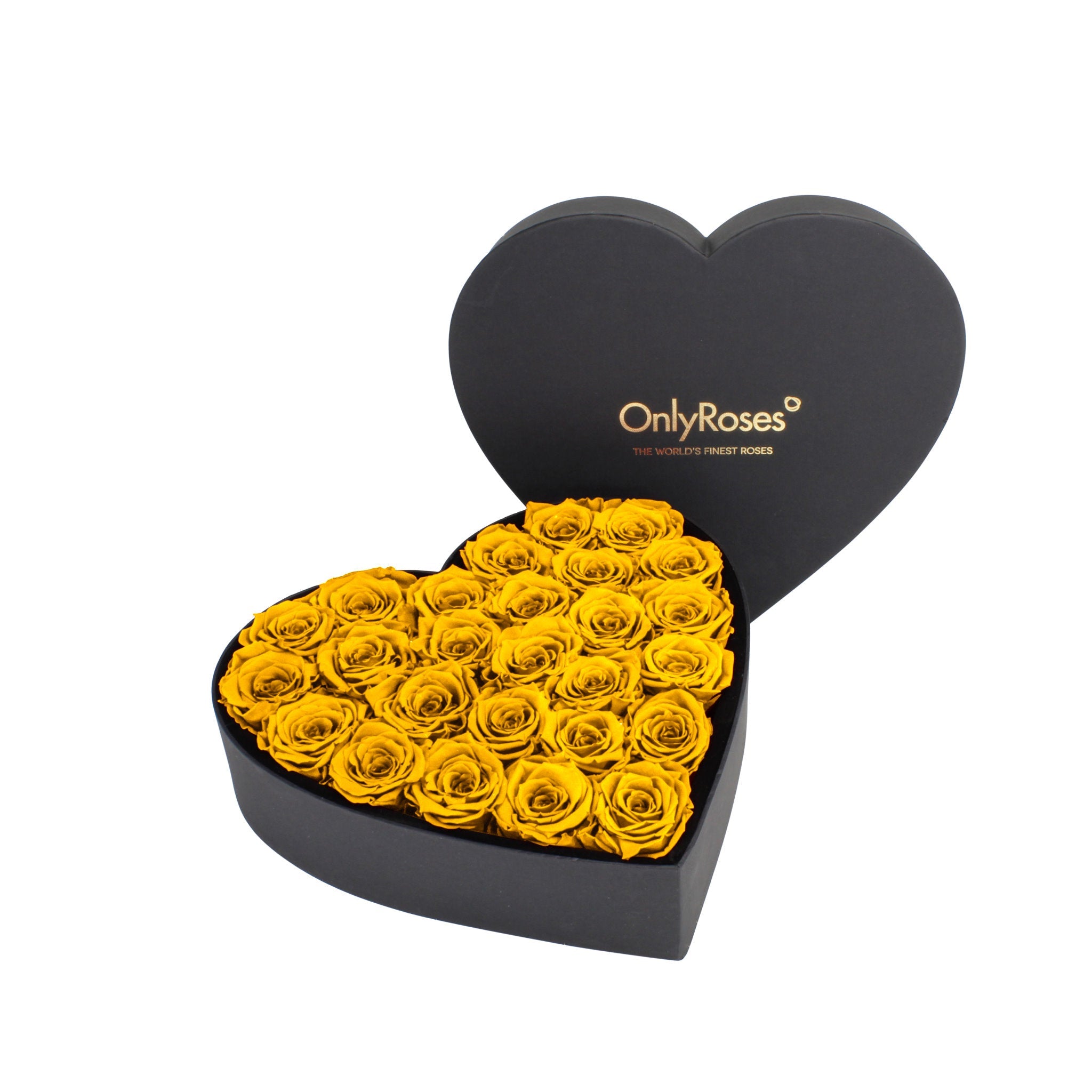 Heart-shaped box of yellow roses with 'OnlyRoses' branding on a white background