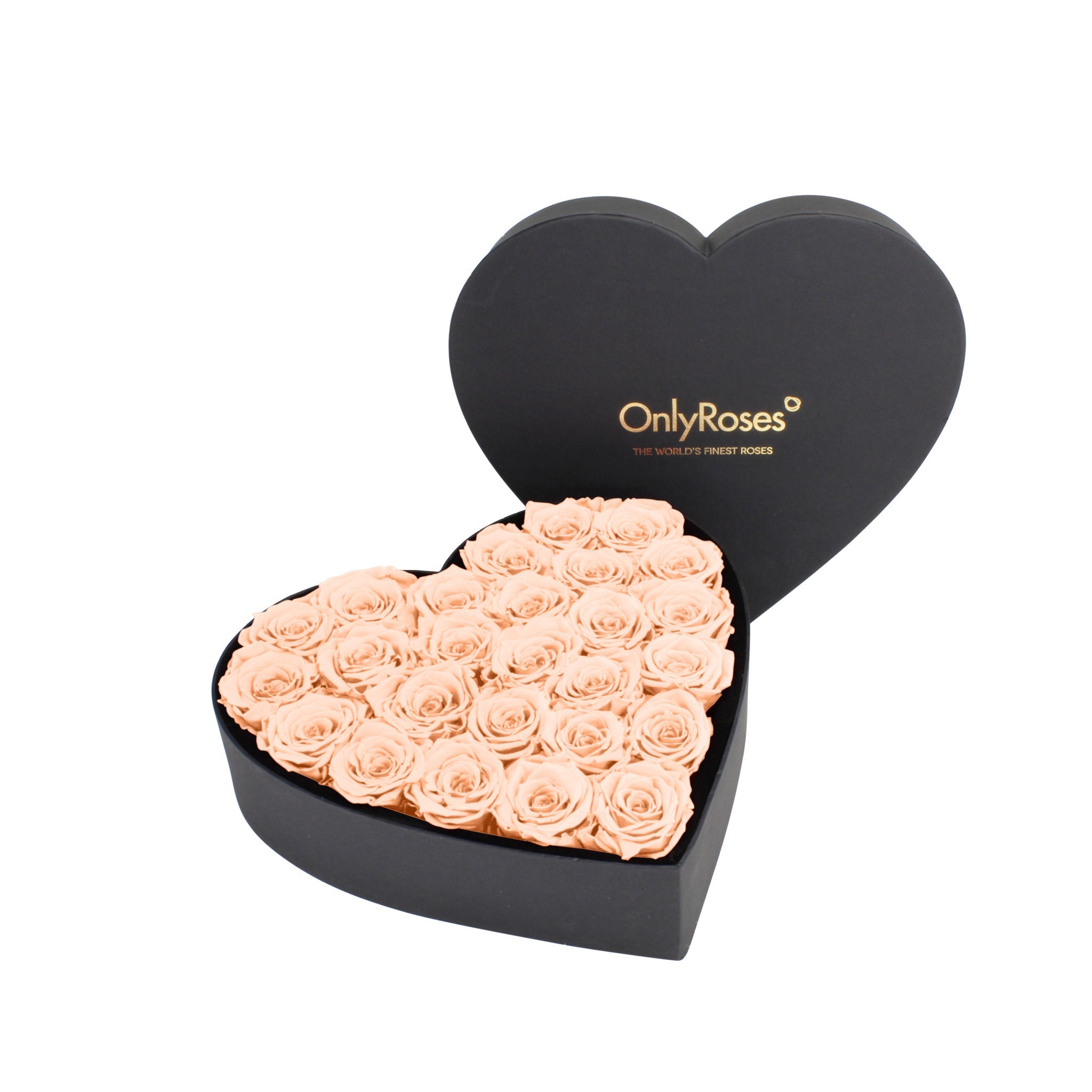 Heart-shaped box of peach roses with 'OnlyRoses' branding on a white background