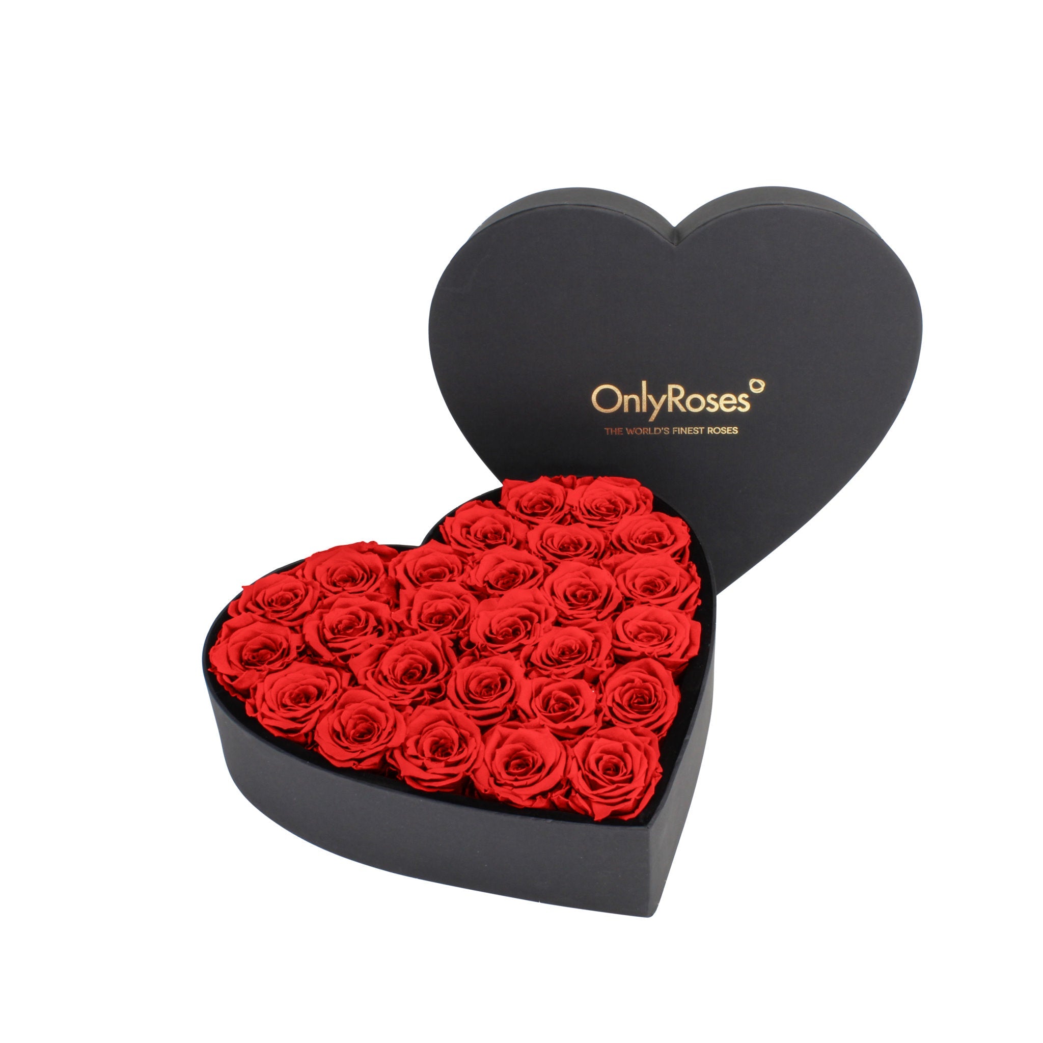 Heart-shaped box of red roses with 'OnlyRoses' branding on a white background