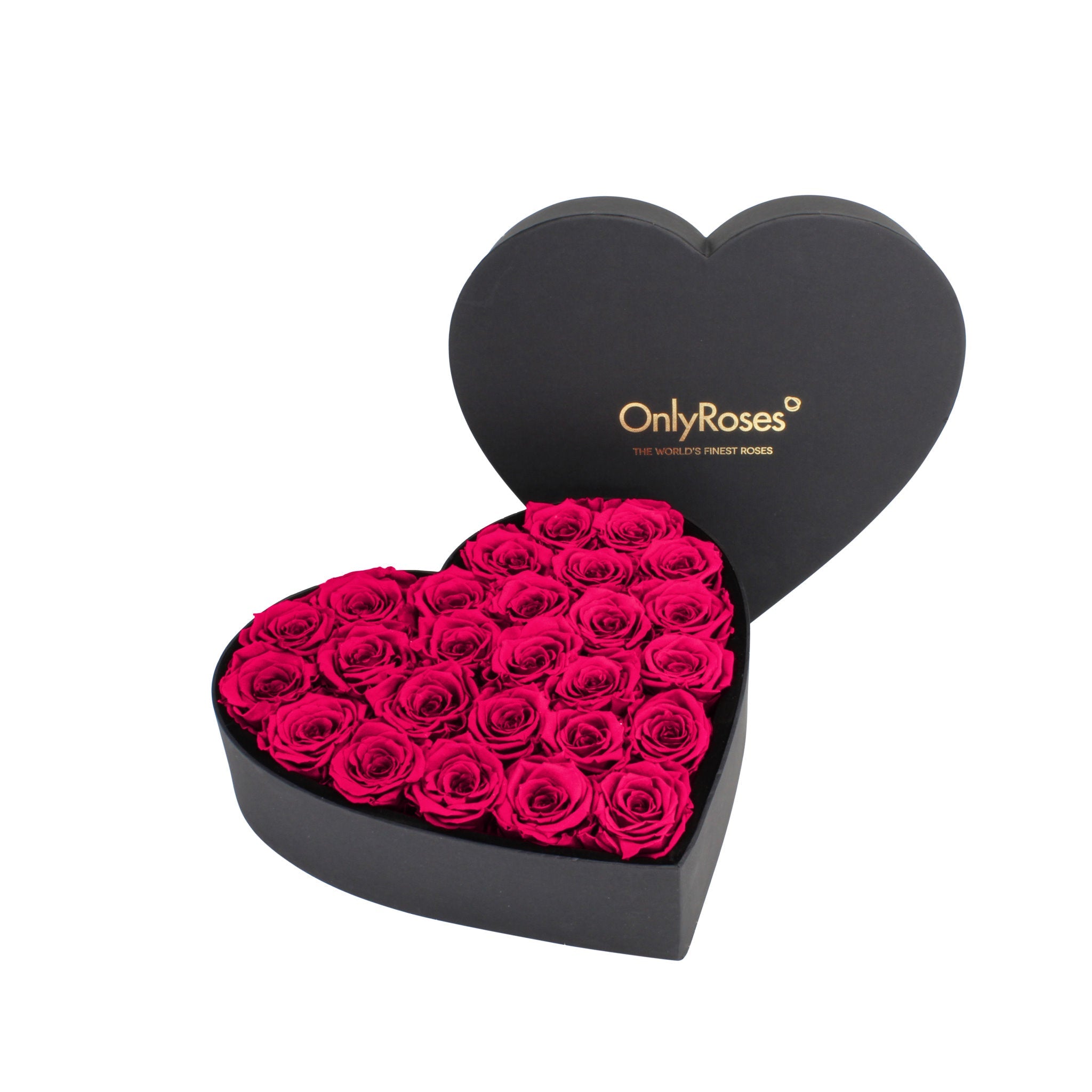 Heart-shaped box of pink roses with 'OnlyRoses' branding on a white background