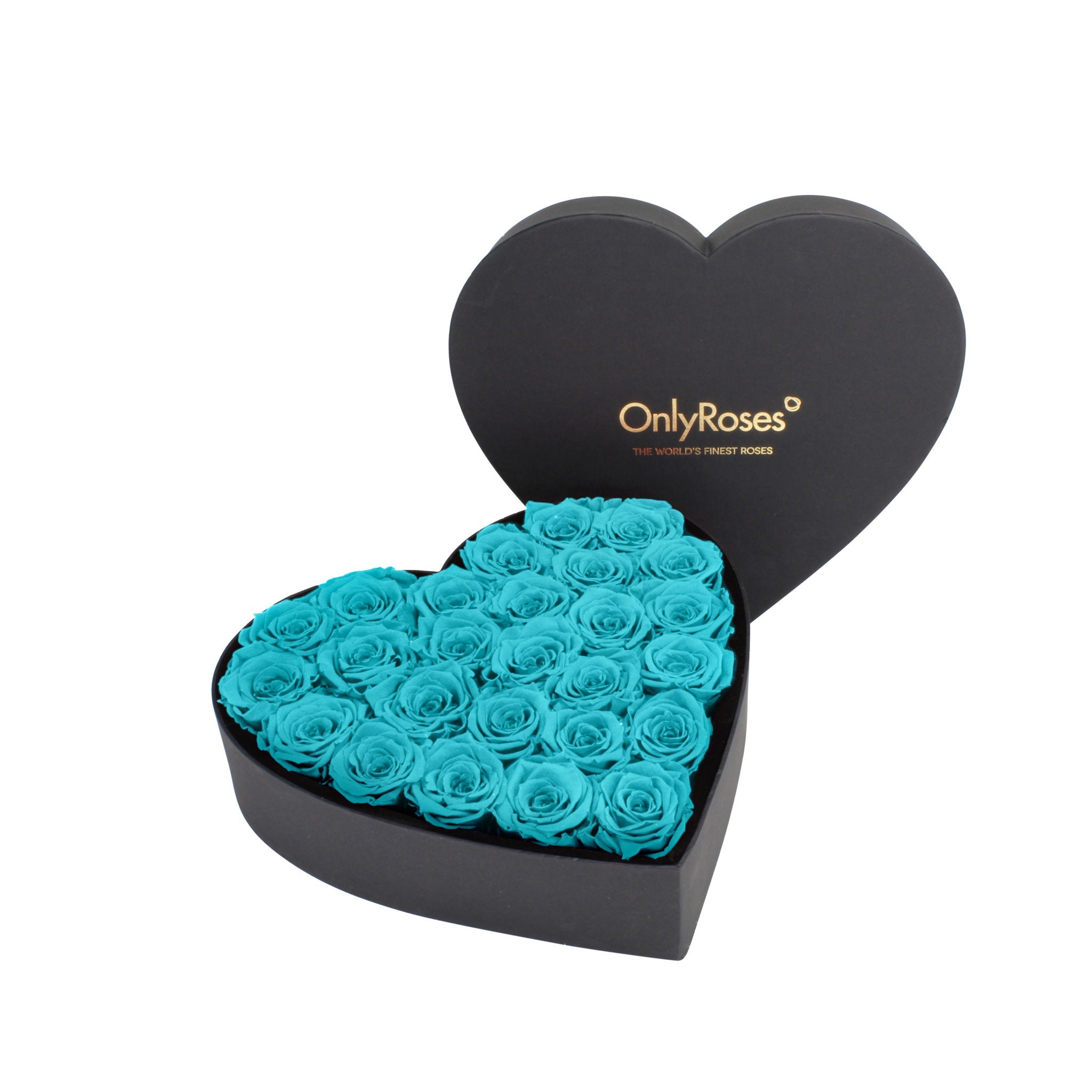 Heart-shaped black box with turquoise roses and 'OnlyRoses' branding on a white background
