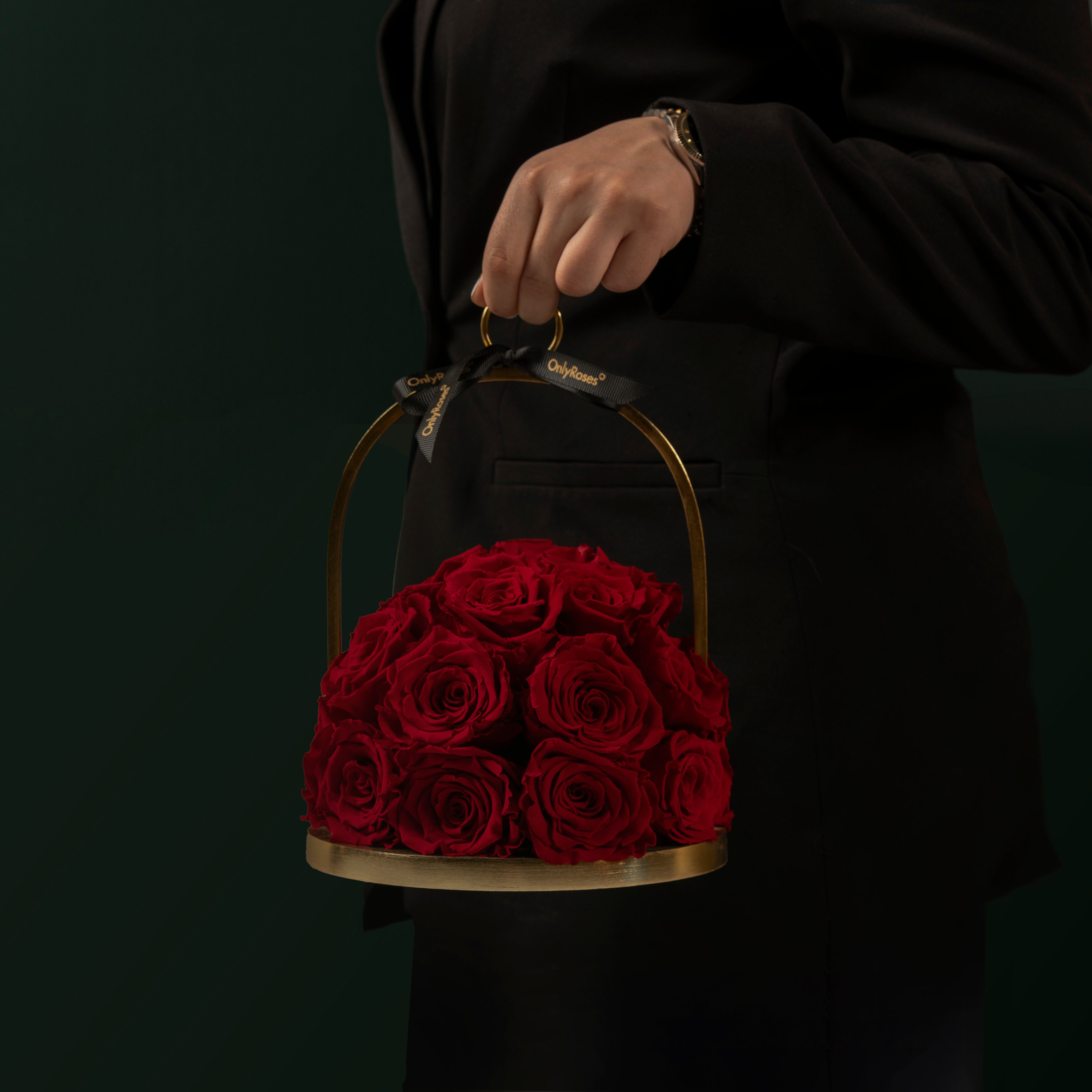 Person holding a black handbag with red roses against a dark background