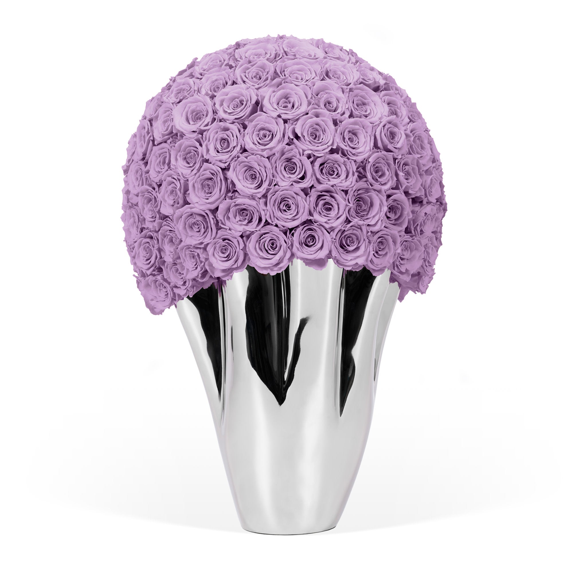 Silver vase with purple roses on a white background