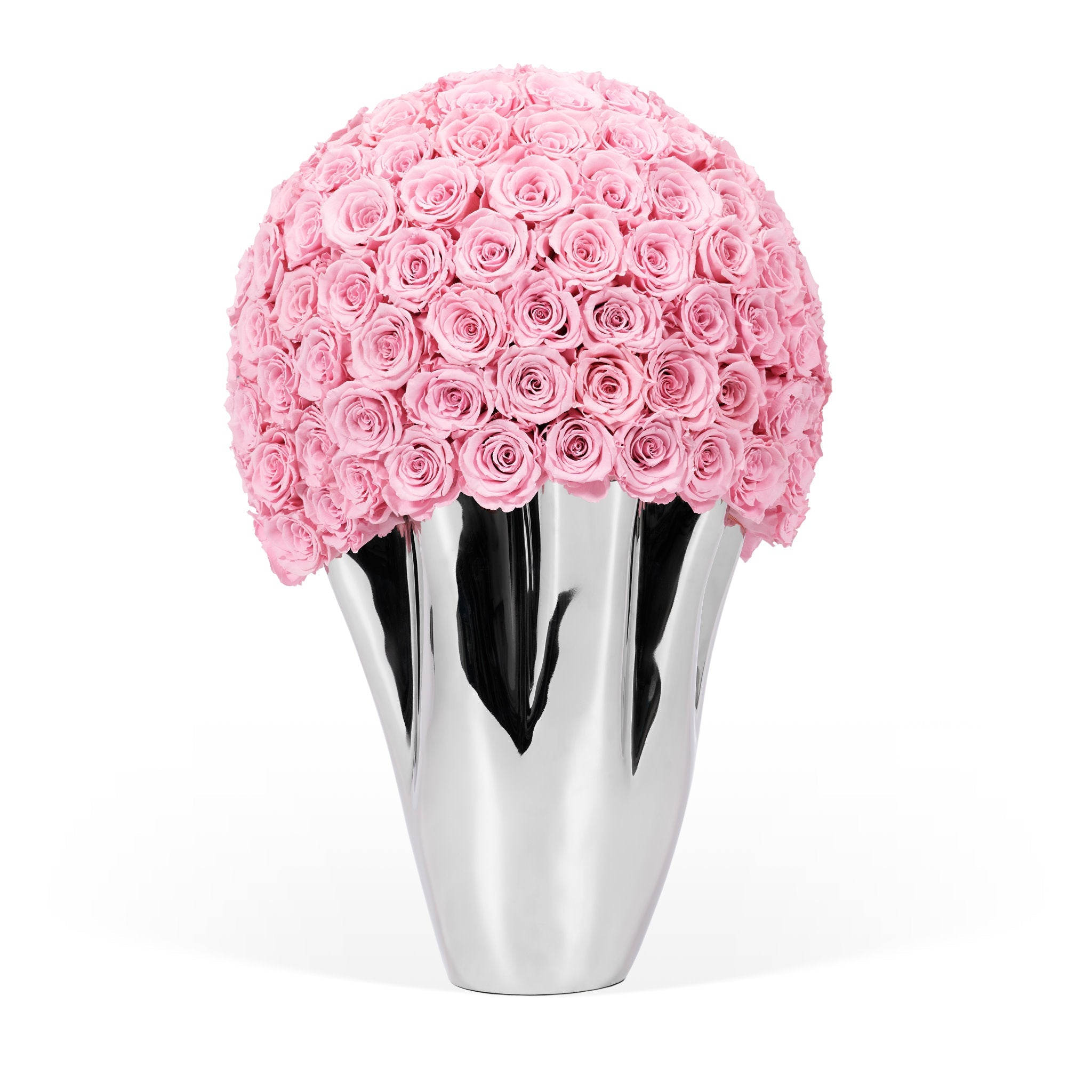 Silver vase with pink roses on a white background