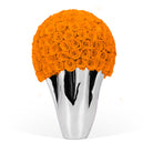 Silver vase with orange roses on a white background