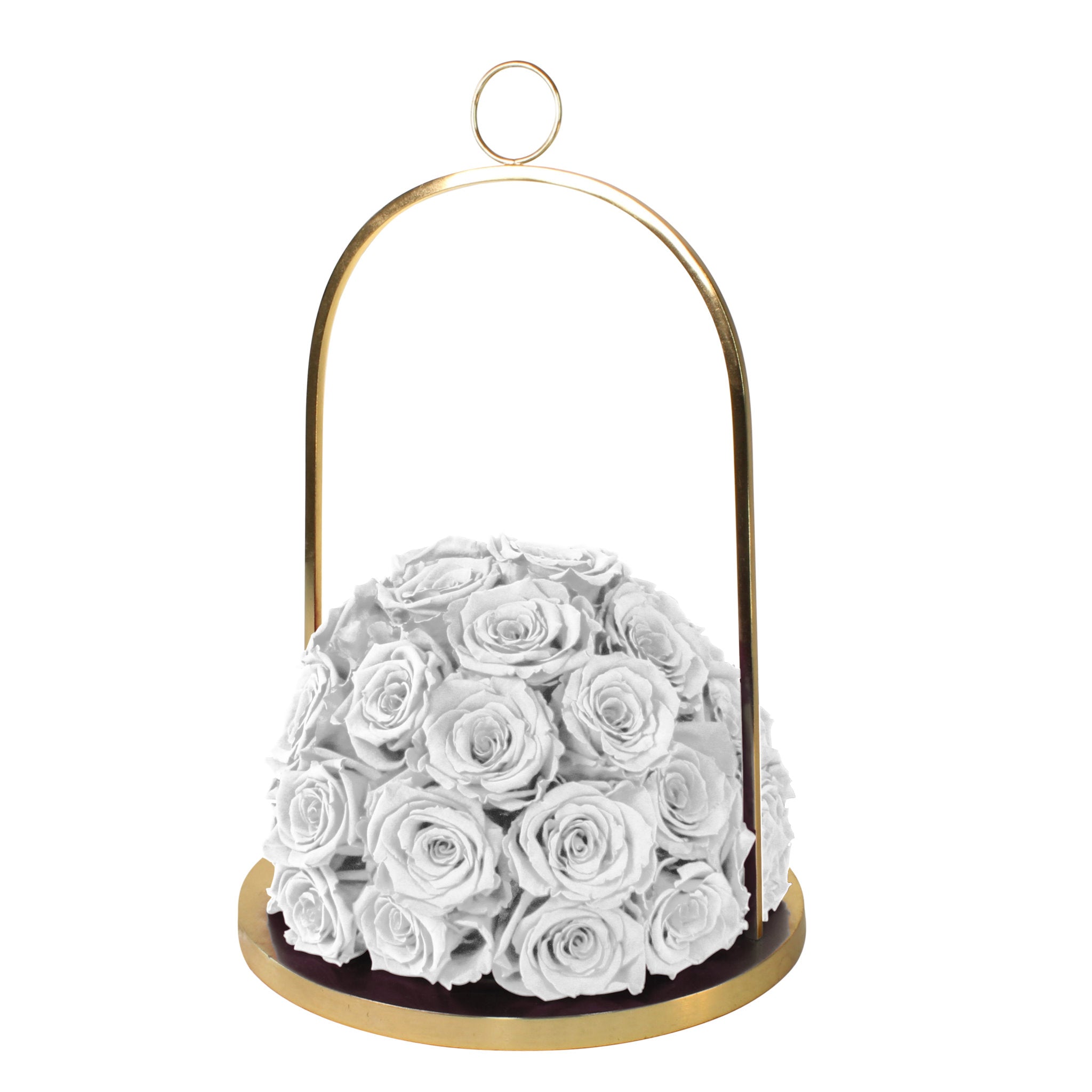Decorative display of white roses in a gold metal holder on a white background