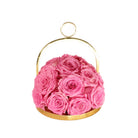 Pink roses in a gold metal basket on a white background