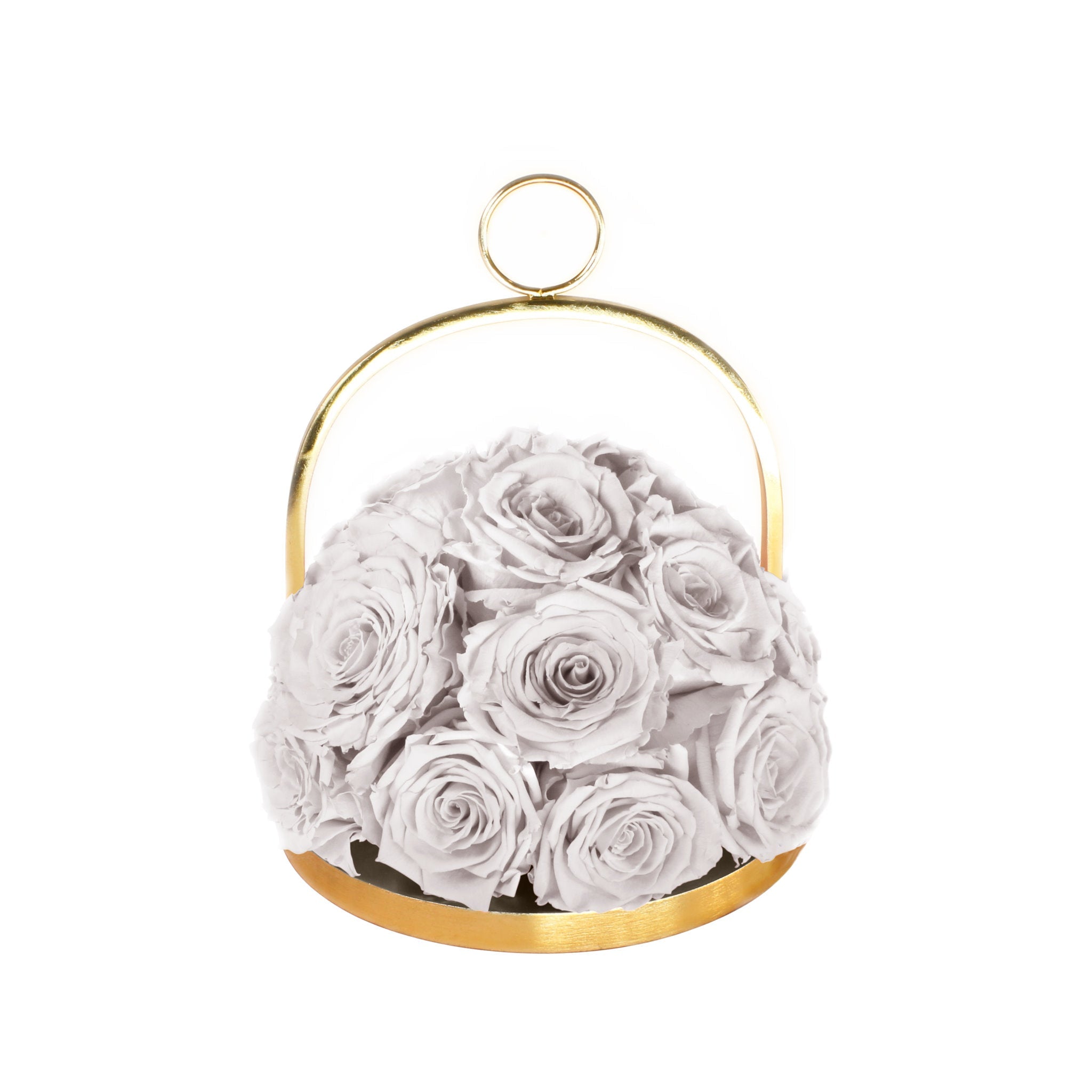 Gold hoop container with white roses on a white background