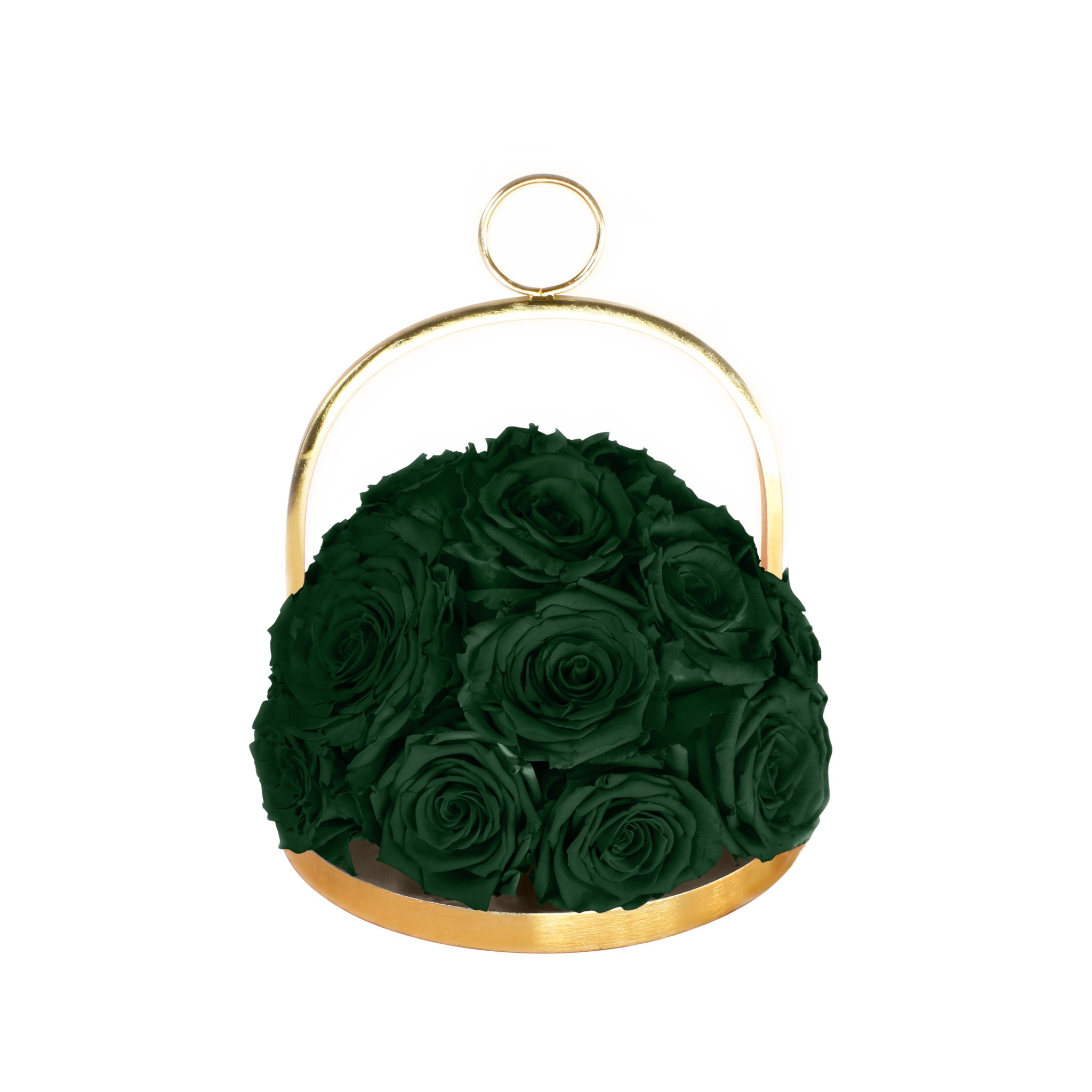 Gold circular holder with green roses on a white background