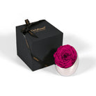 Black gift box with a pink rose on a white background