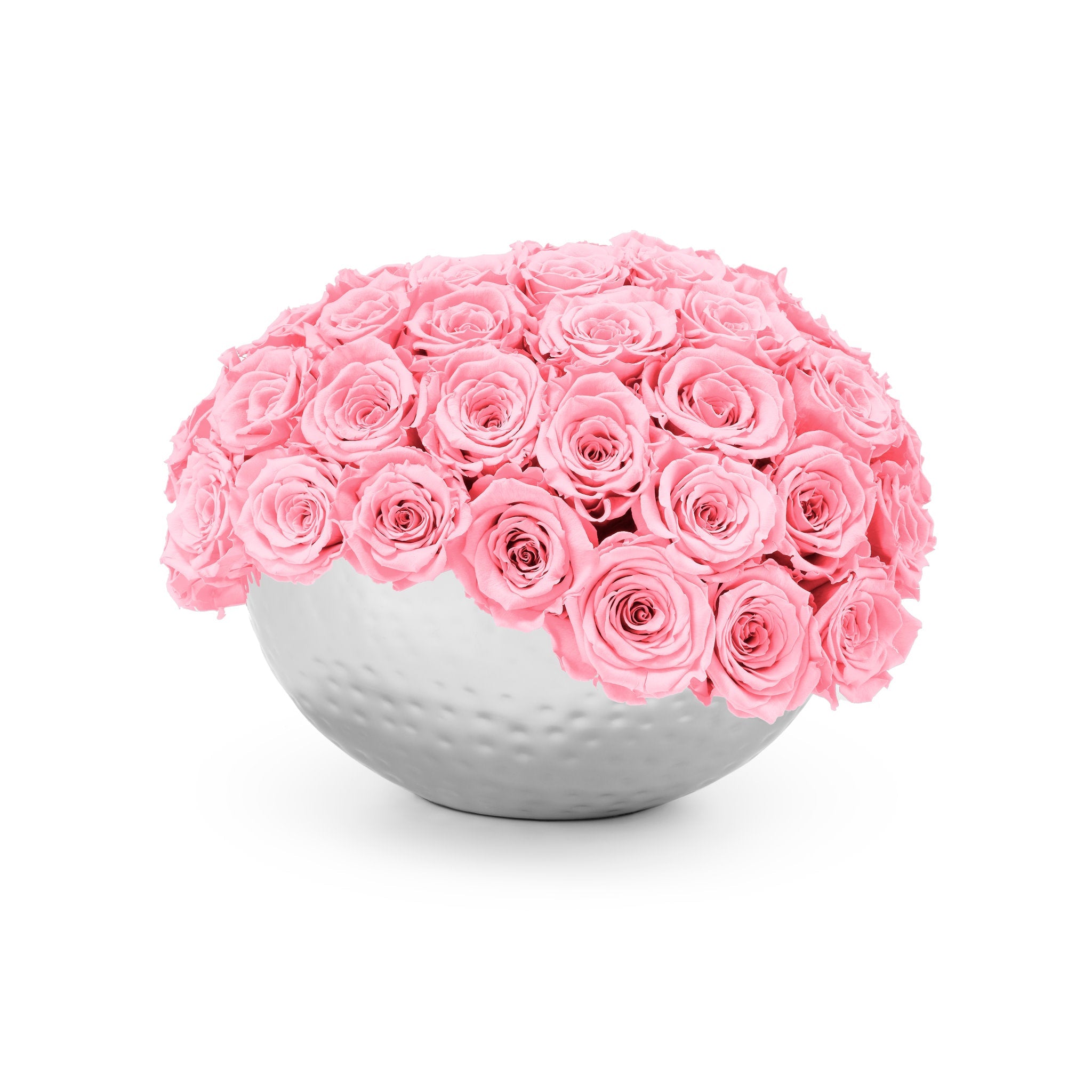 Bouquet of pink roses in a white spherical vase on a white background