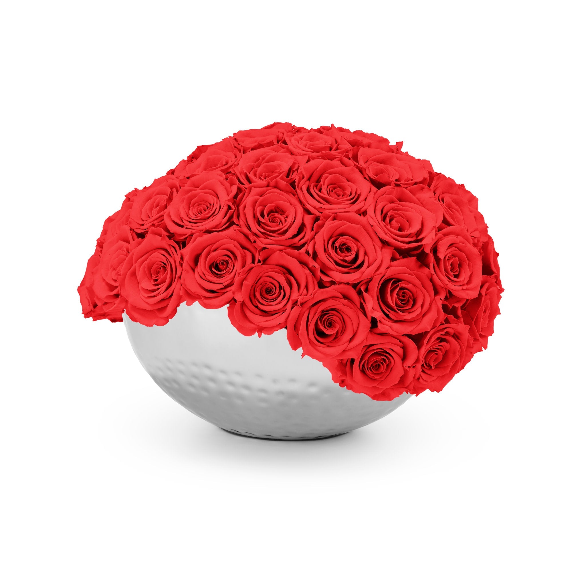 Bouquet of red roses in a white spherical container on a white background