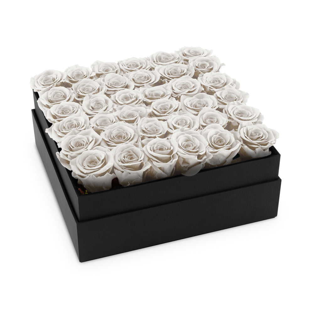 Black box filled with white roses on a white background