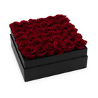 Black box filled with red roses on a white background