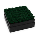 Black box filled with dark green preserved roses on a white background