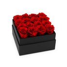 Black box filled with red roses on a white background