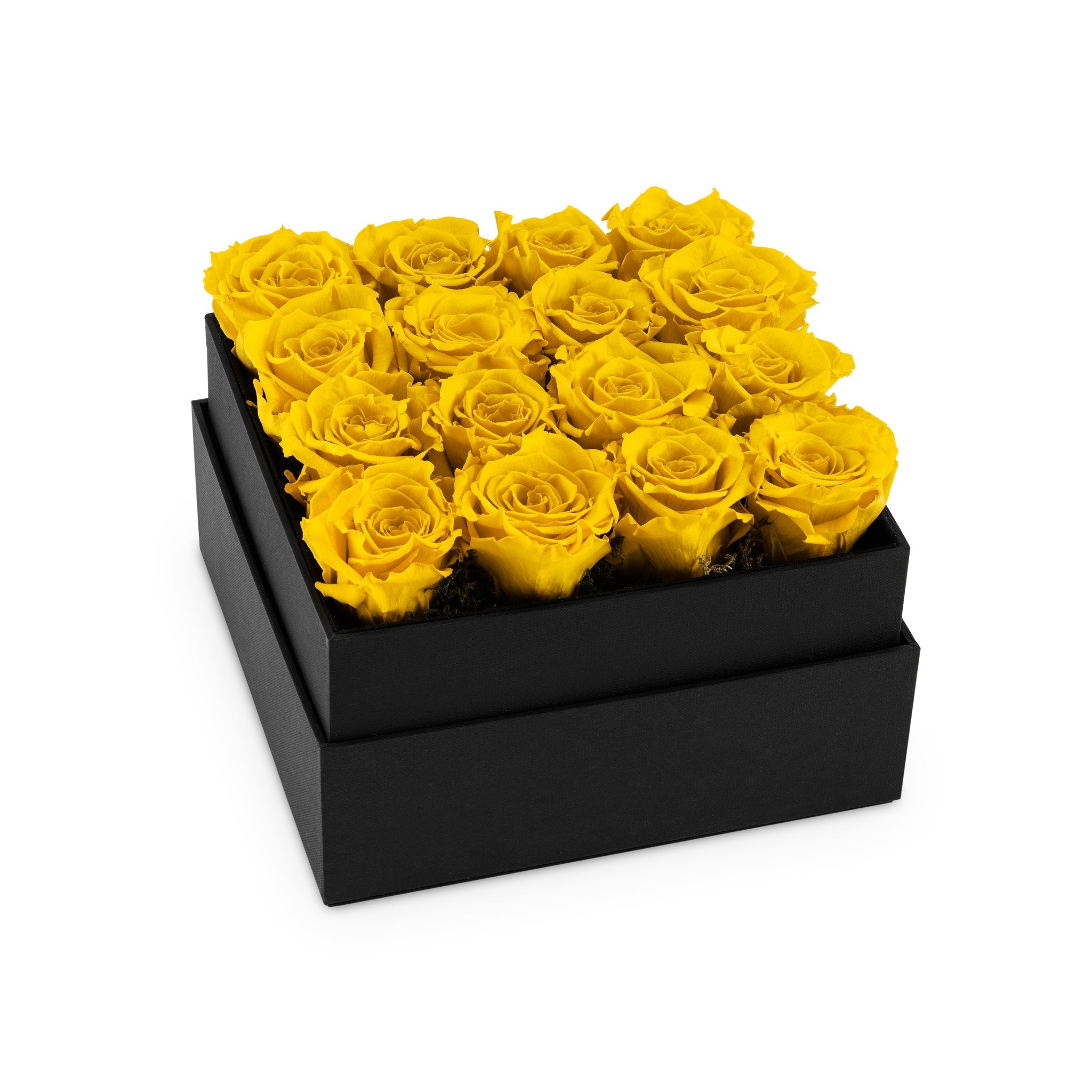 Black box with yellow roses on a white background
