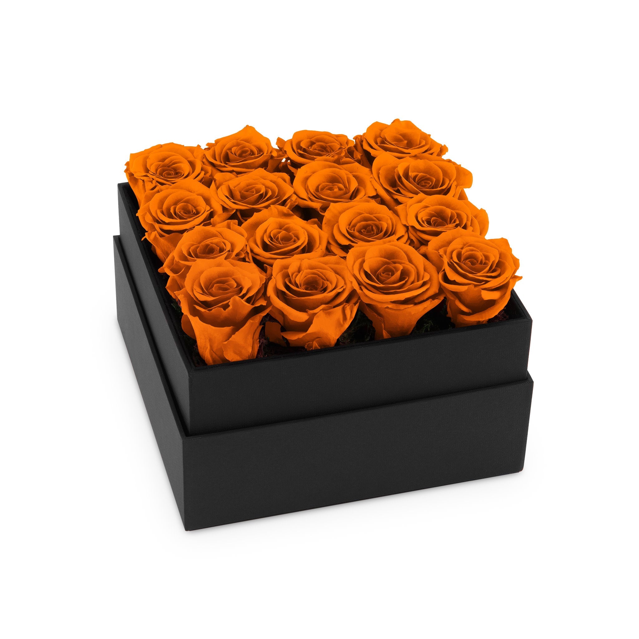 Black box with orange roses on a white background