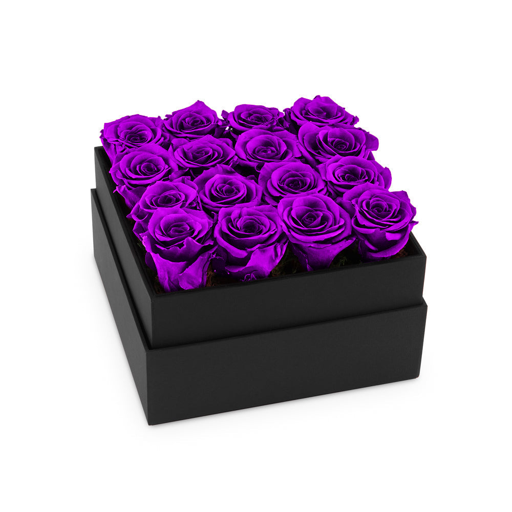 Black box with purple roses on a white background