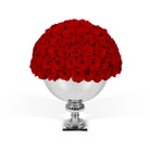 Bouquet of red roses in a silver vase on a white background
