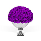 Purple roses in a silver vase on a white background