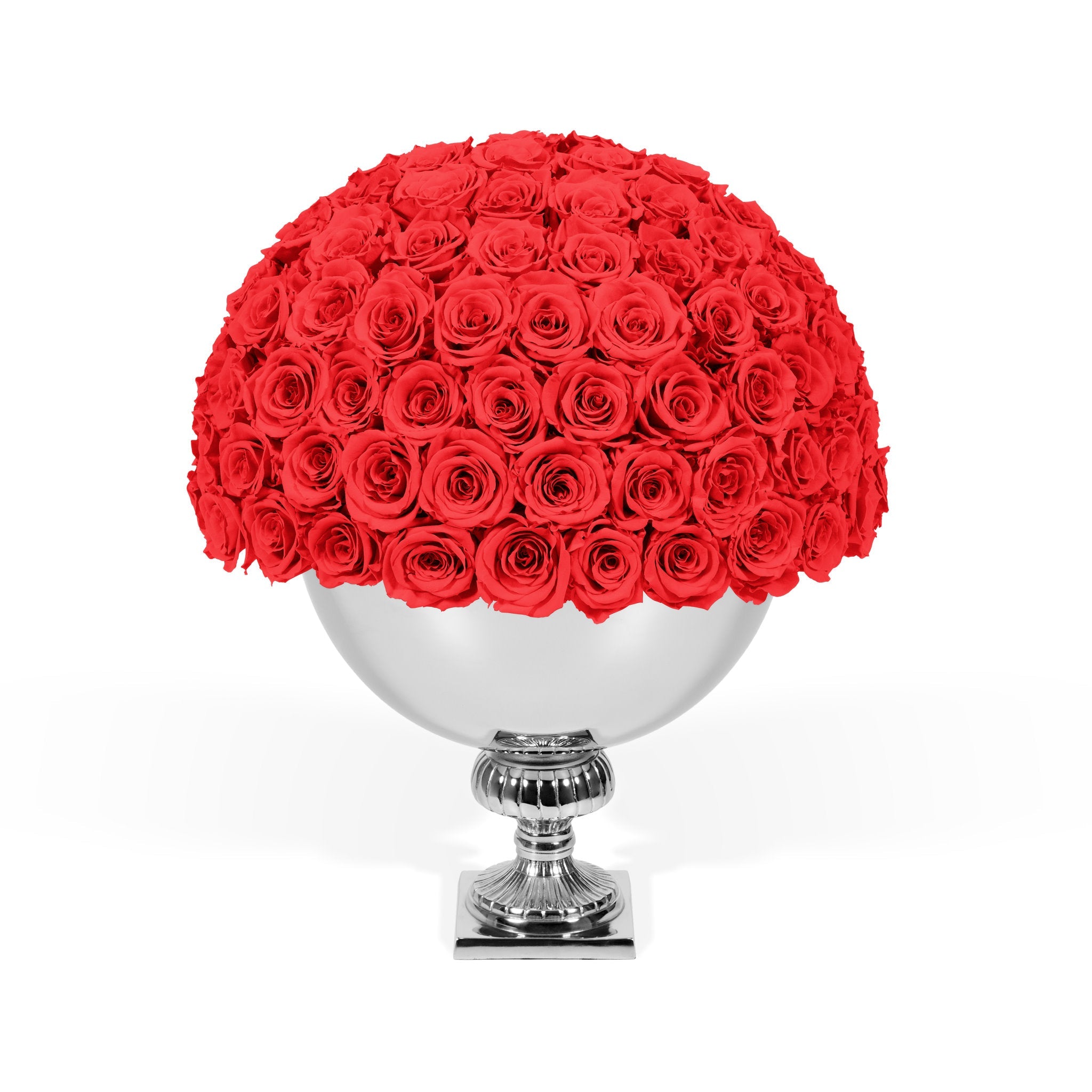 Bouquet of red roses in a silver vase on a white background