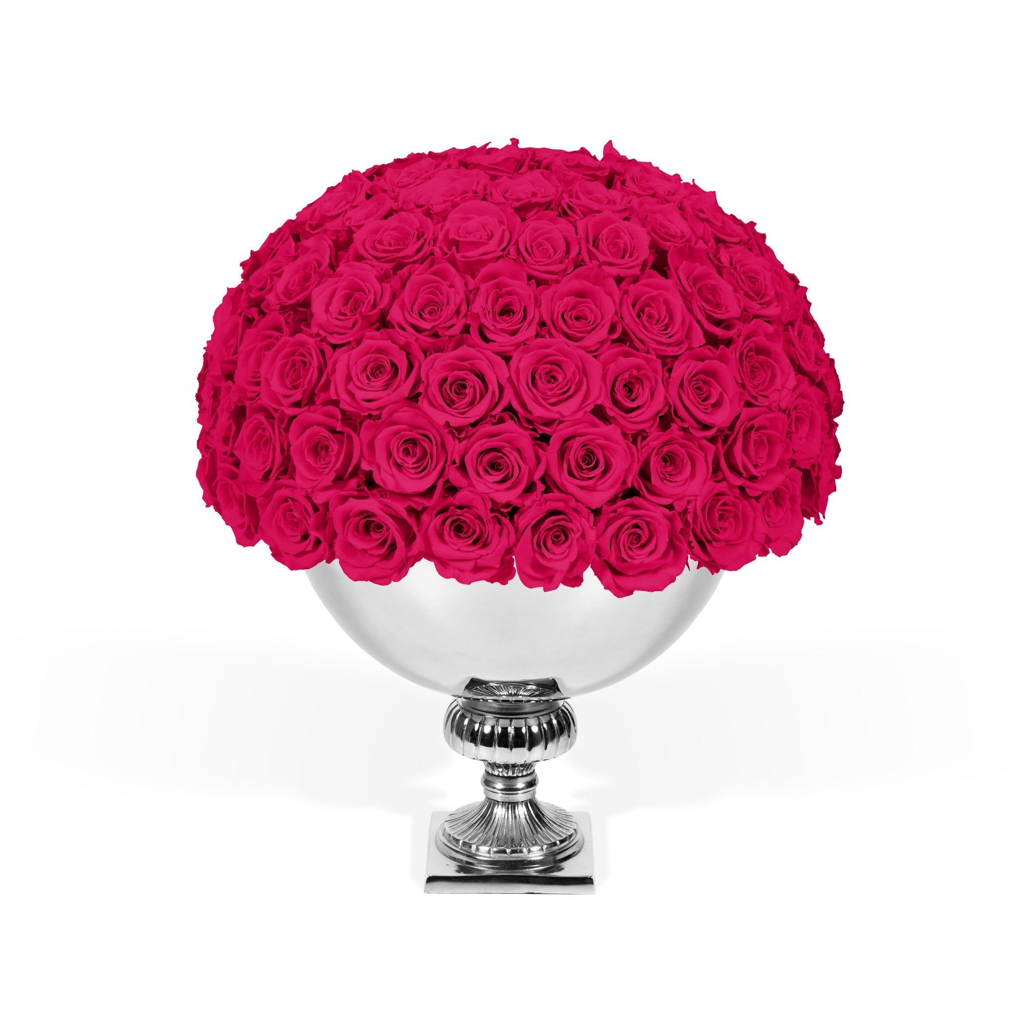 Bouquet of pink roses in a silver vase on a white background