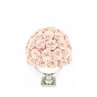 Bouquet of pink roses in a decorative container on a white background