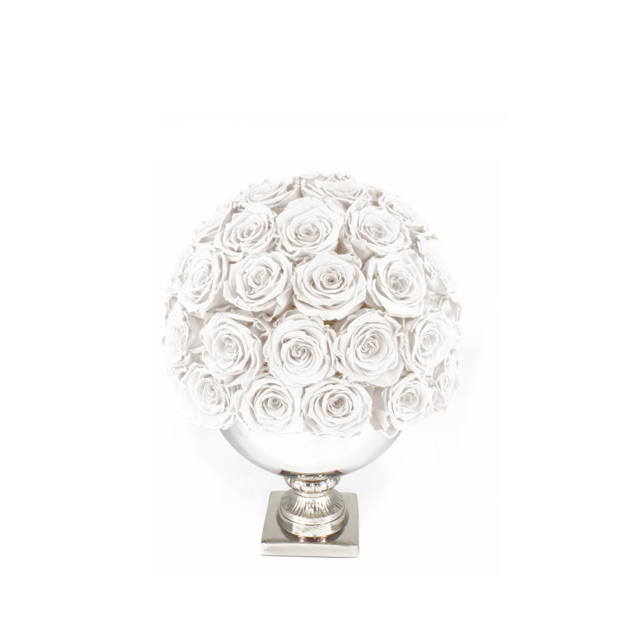 Decorative sphere made of white roses on a white background